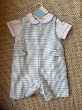 Ana Vini Light Blue Checked Baby Romper with White Collar NWT